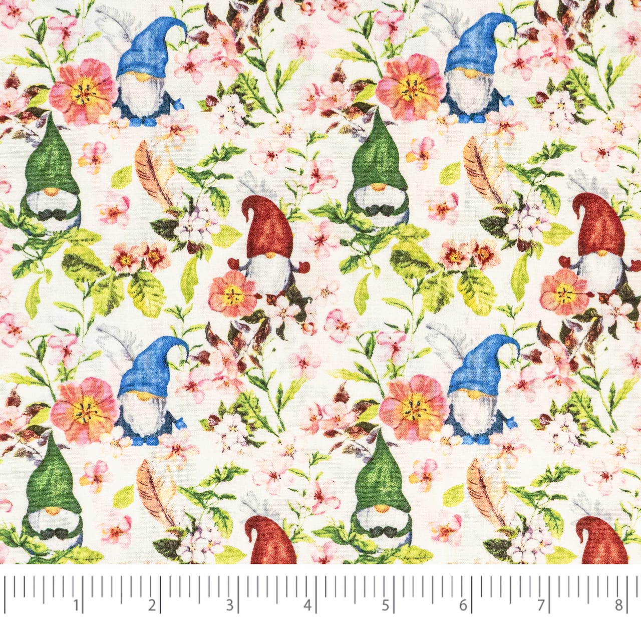 SINGER Springtime Gnomes on White Cotton Fabric